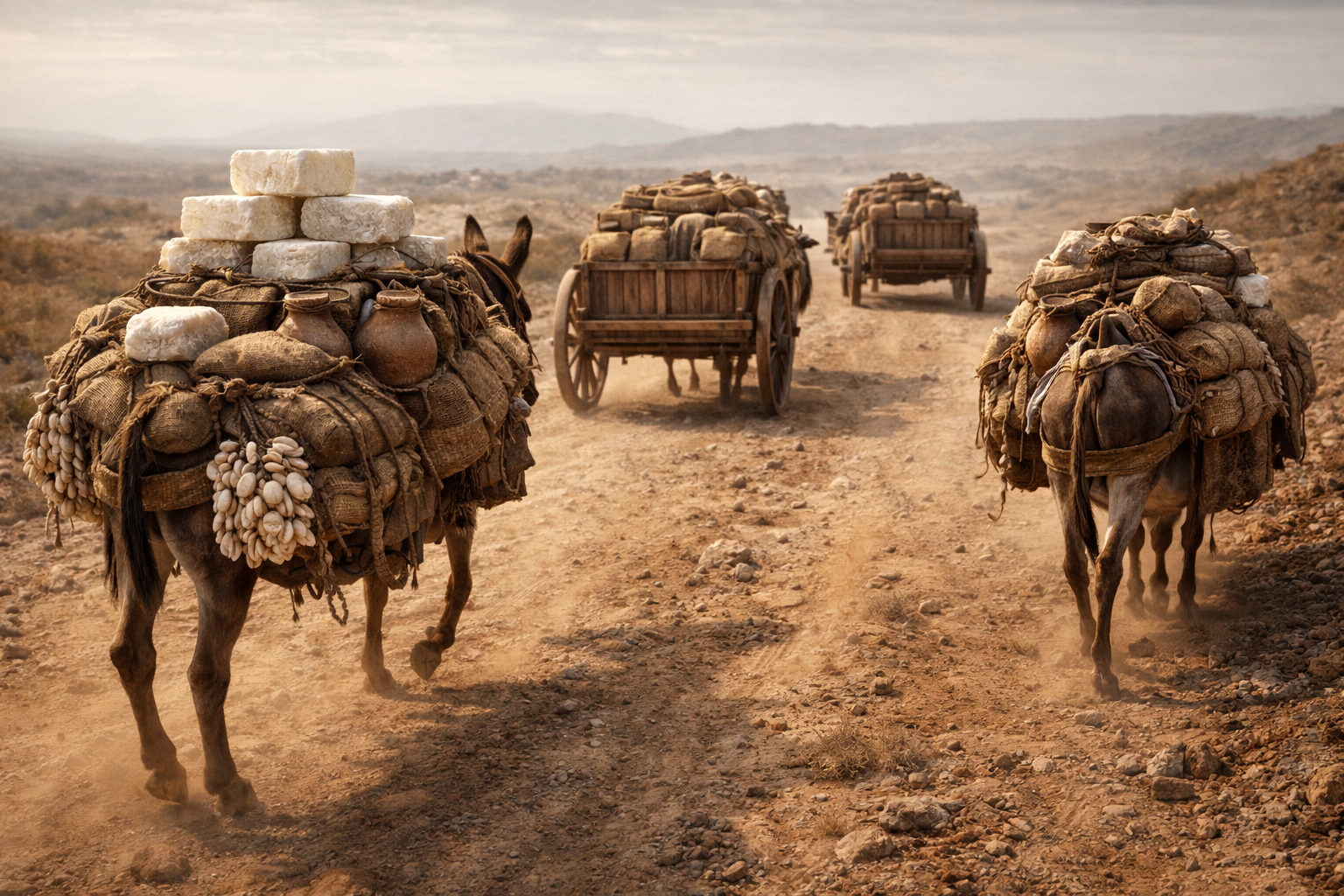 Trade goods transported by merchants along ancient roads