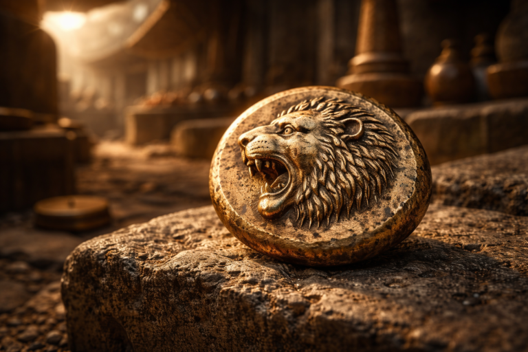 Ancient Lydian coin featuring the lion head symbol