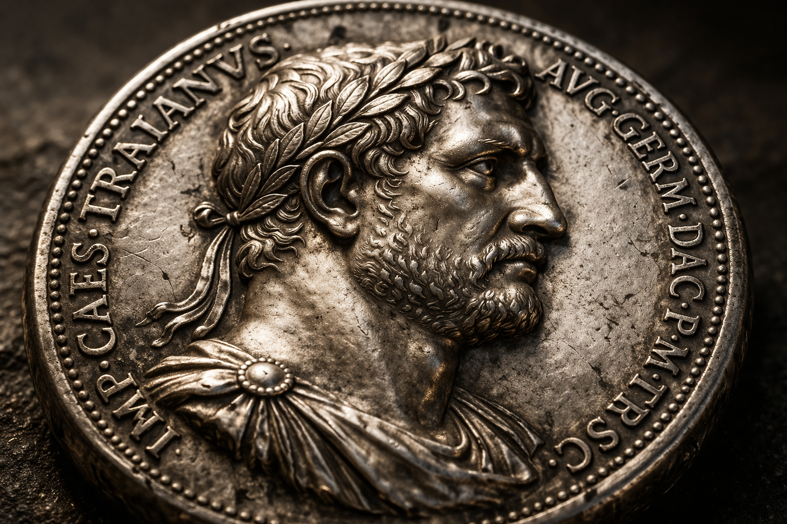 Close up of Roman emperor portrait on coin