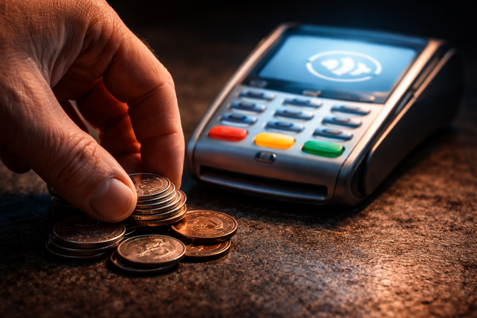 Coins next to digital payment terminal