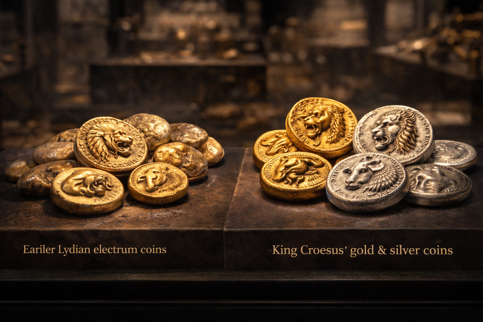 Coins of King Croesus showing early gold and silver coinage in Lydia