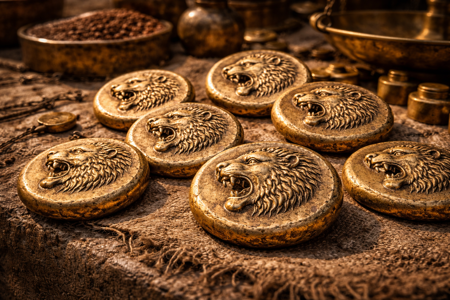 Collection of Lydian coins displaying lion symbols