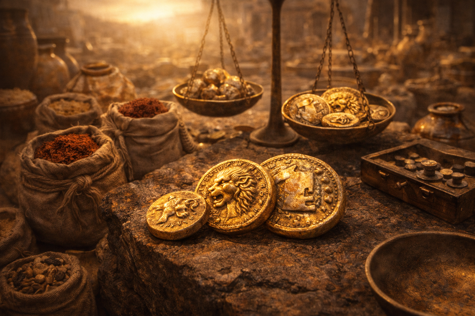 Lydian electrum coins with lion symbol used in early trade markets
