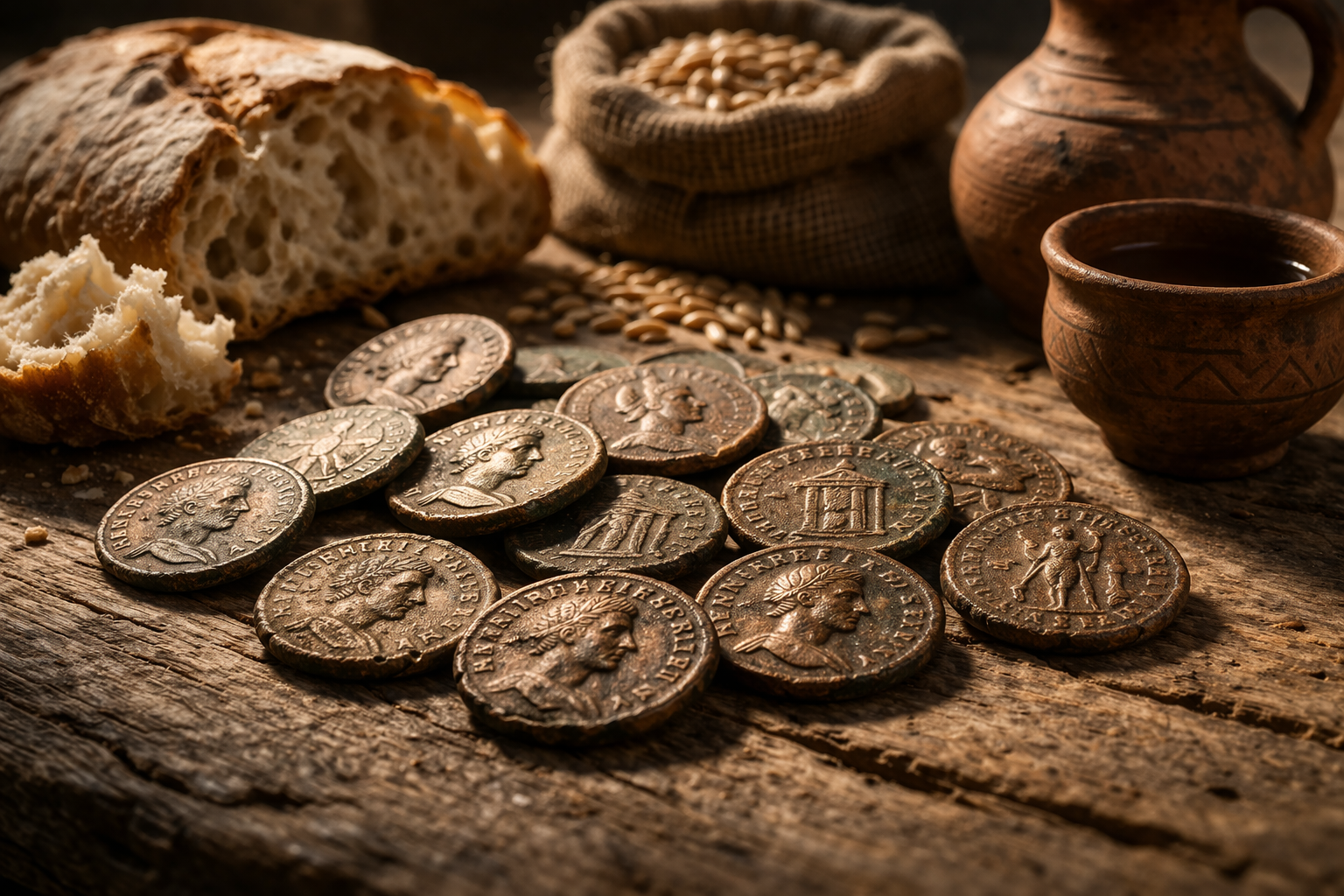 Roman bronze coins used to buy basic goods like bread