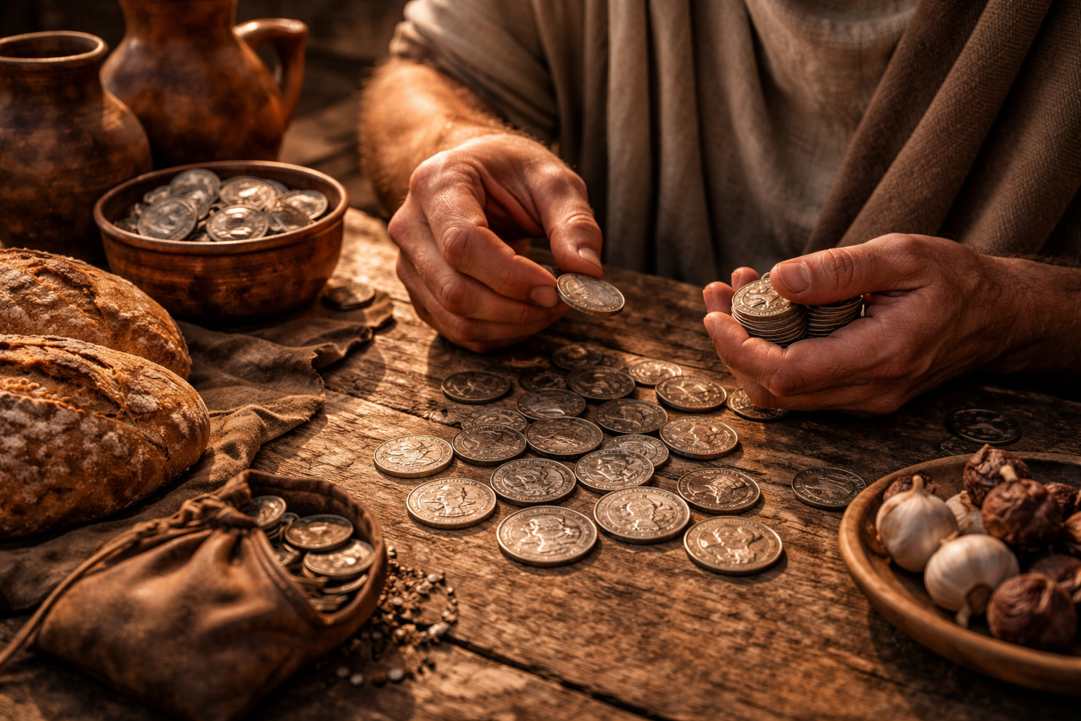 Roman citizen counting coins in daily life