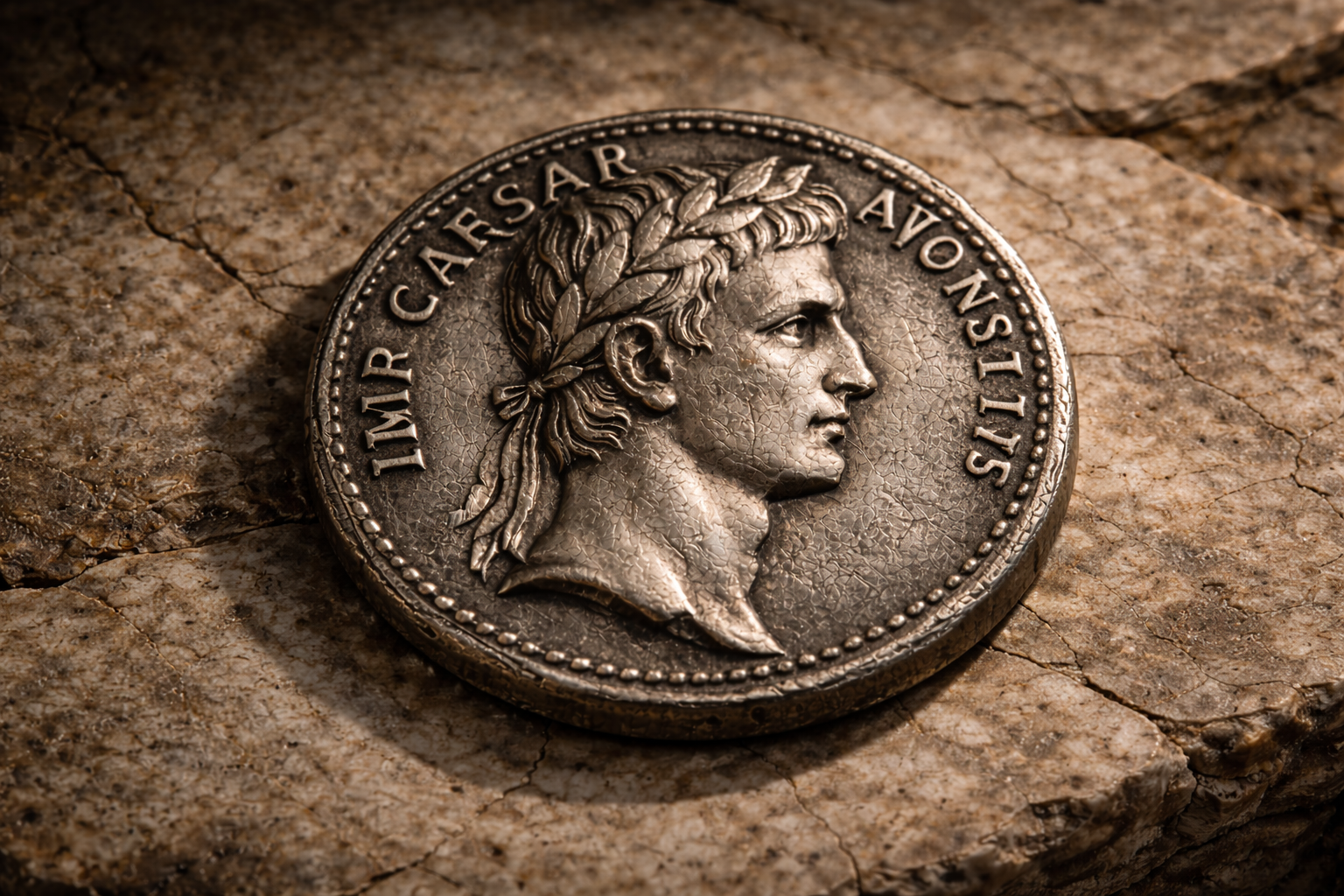 Roman coin showing Latin inscriptions around emperor portrait