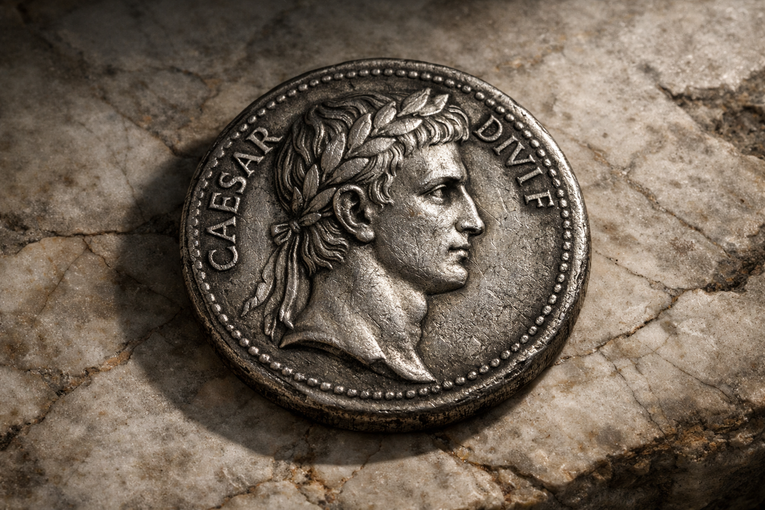 Roman coin showing emperor wearing laurel wreath crown