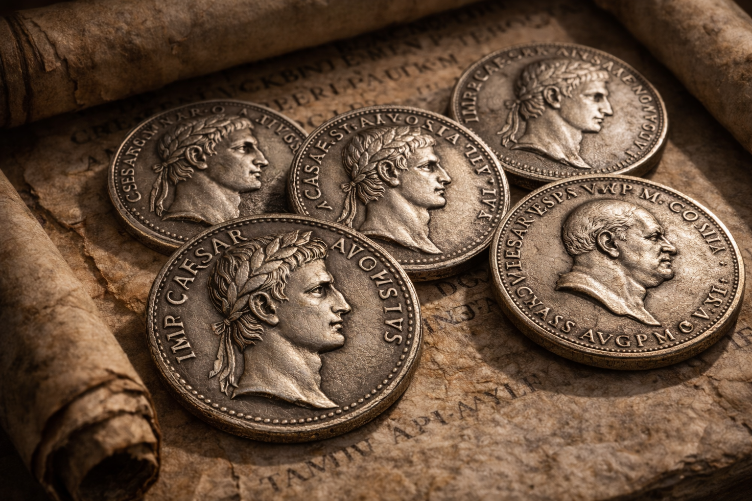 Roman coins showing different Latin inscriptions