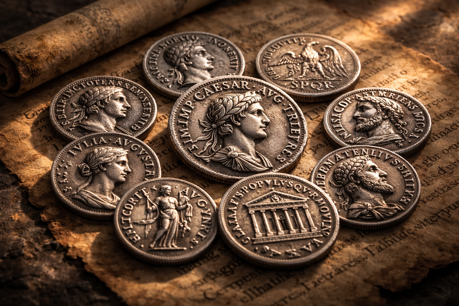 Roman denarius coin with Latin inscription lettering
