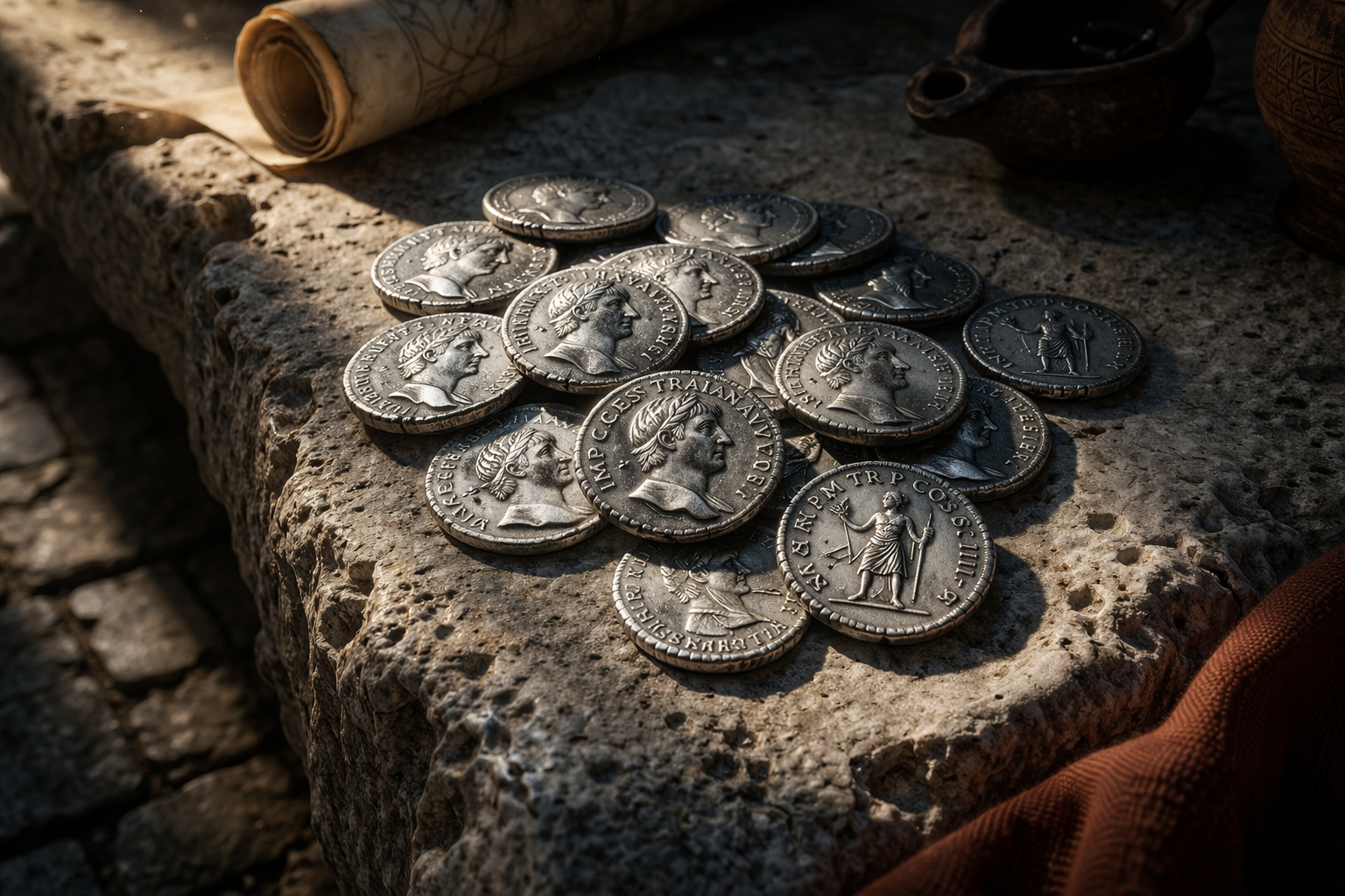 Roman denarius coins showing wear from circulation