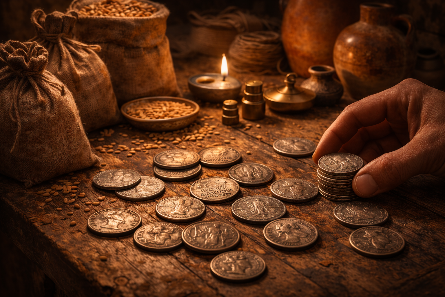 Roman denarius coins used by merchants in a trade setting