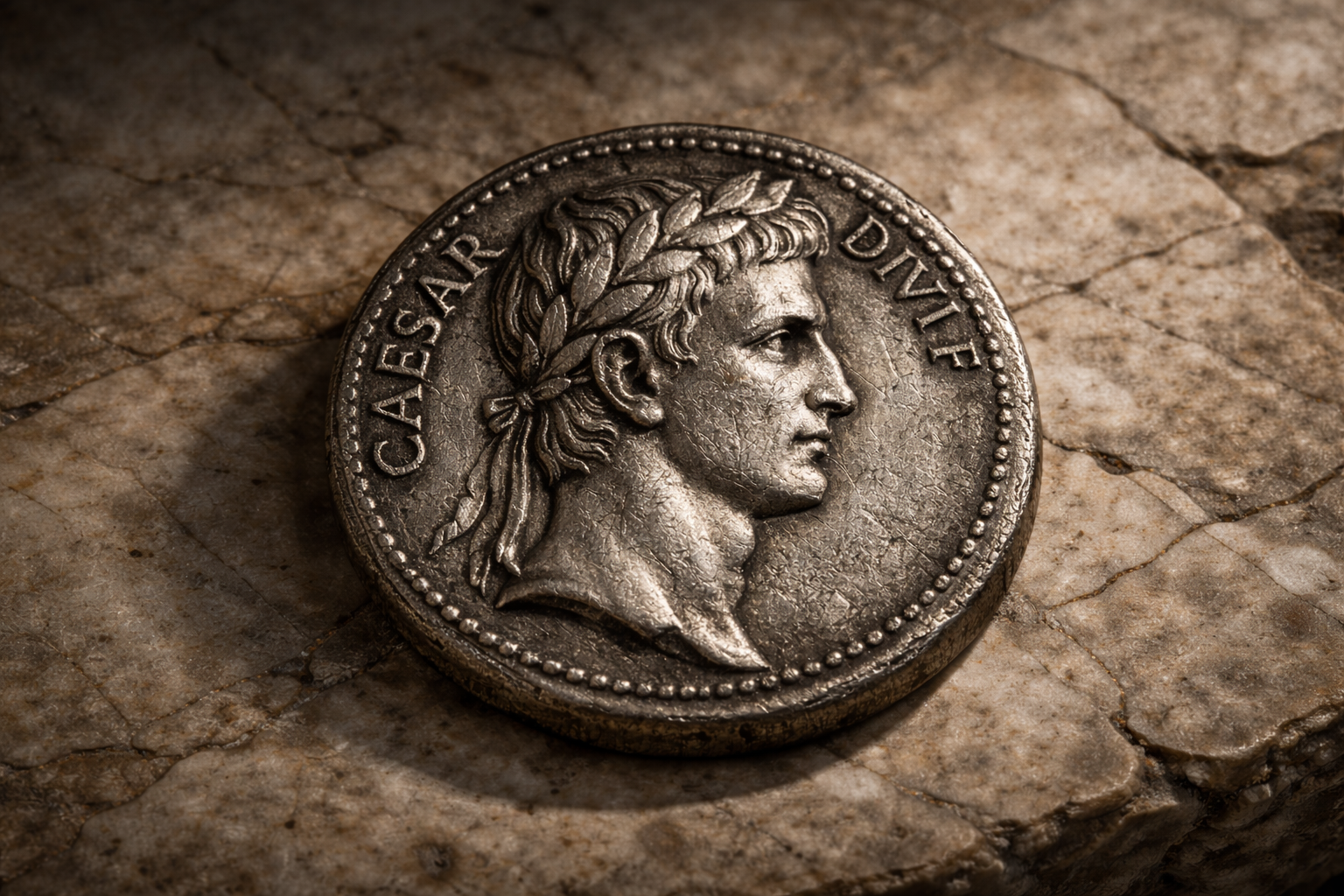 Roman emperor portrait wearing laurel wreath on coin