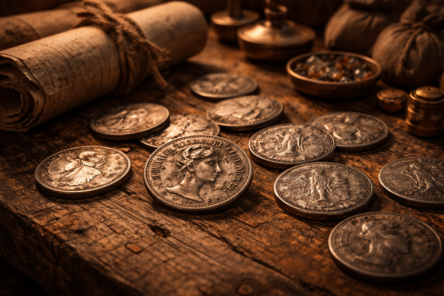 Roman silver denarius coins placed on a trading table with goods