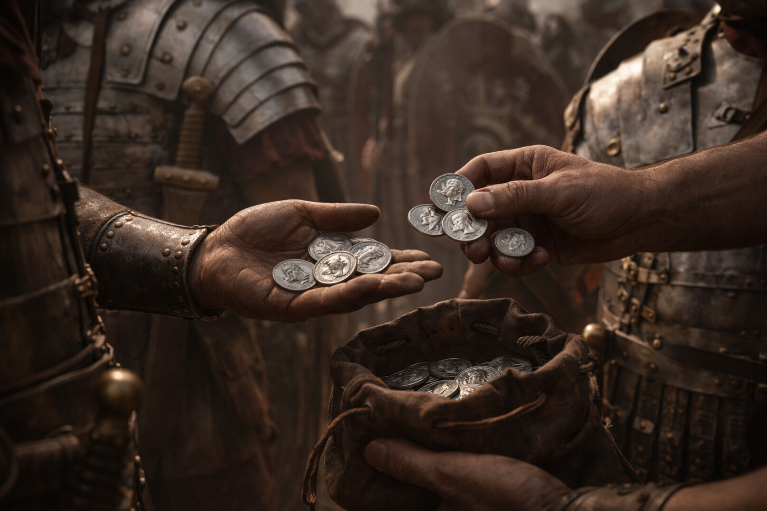 Roman soldiers being paid with denarius coins