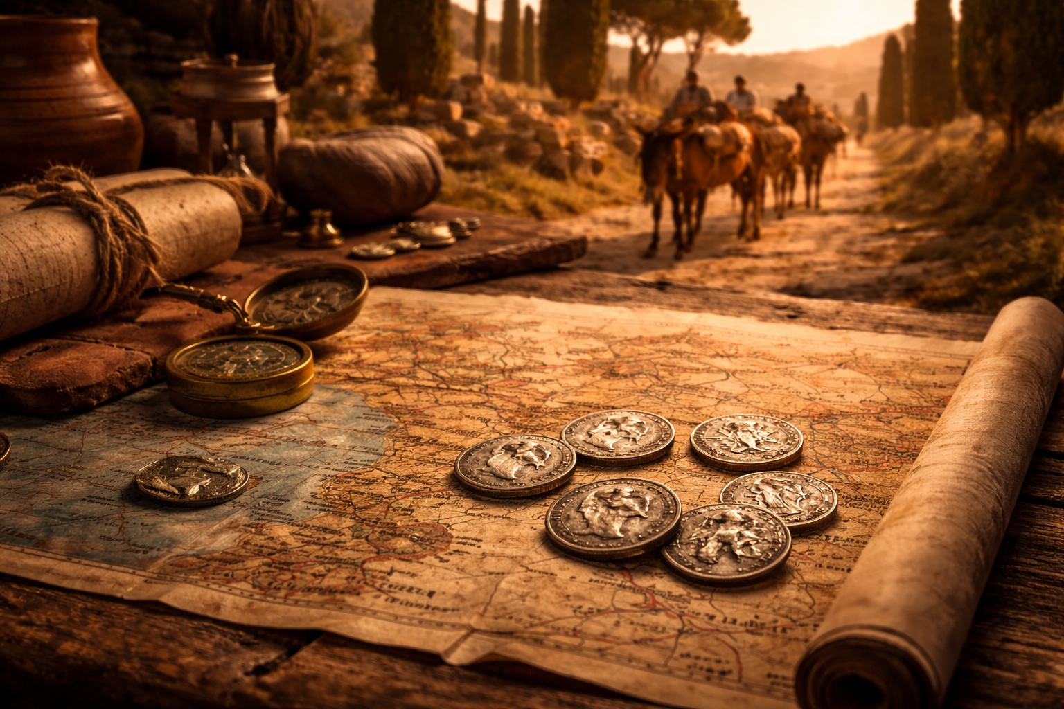 Roman trade routes with denarius coins representing long distance trade