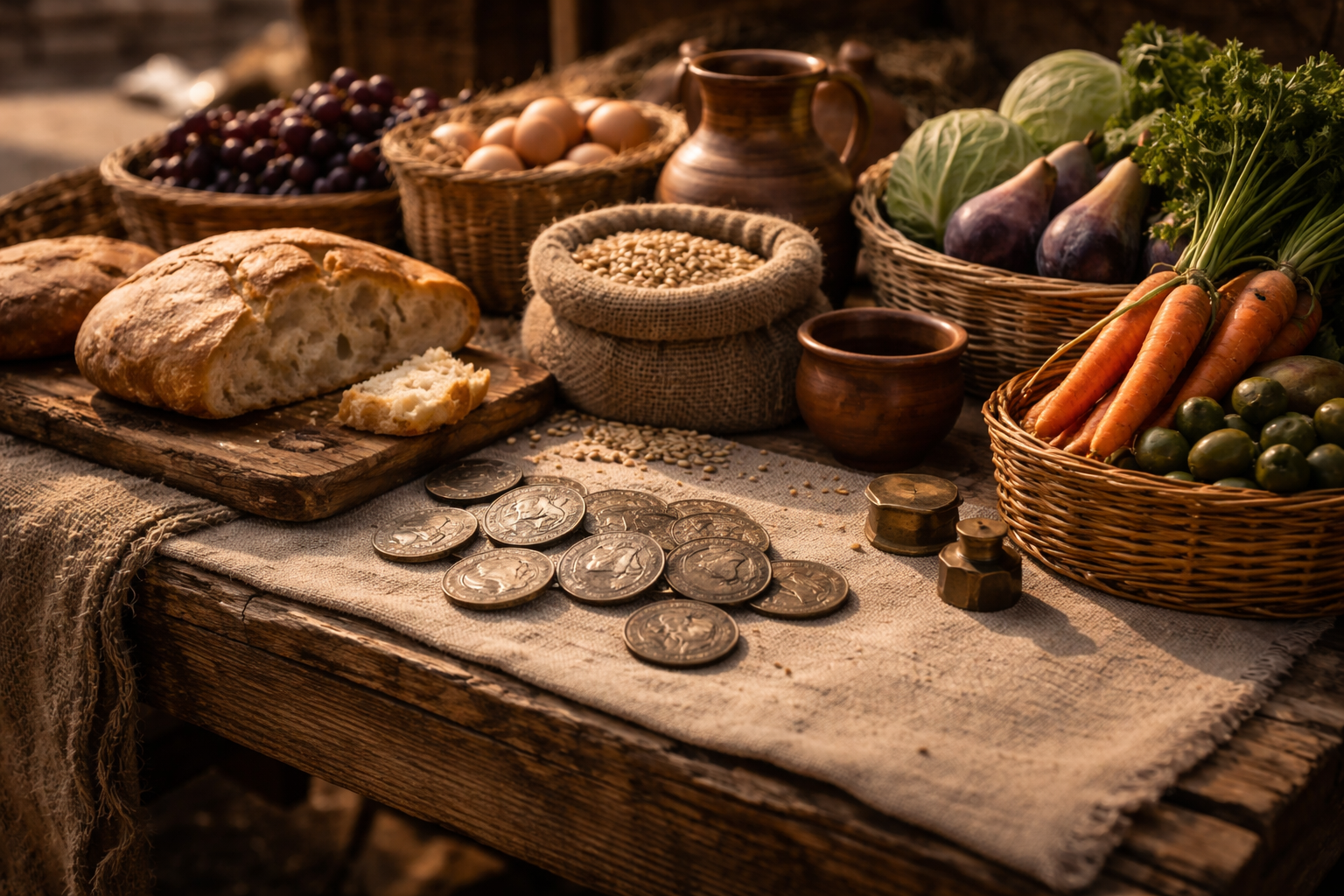 Simple Roman market scene showing limited purchasing power with small coins