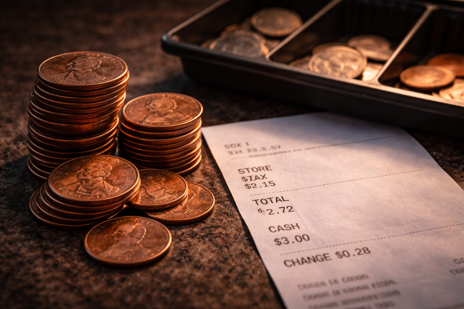Stacked U.S. pennies still used in everyday cash transactions