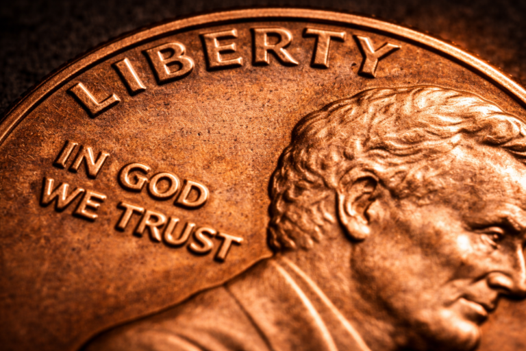 Close up of lettering on U.S. penny showing fine engraving