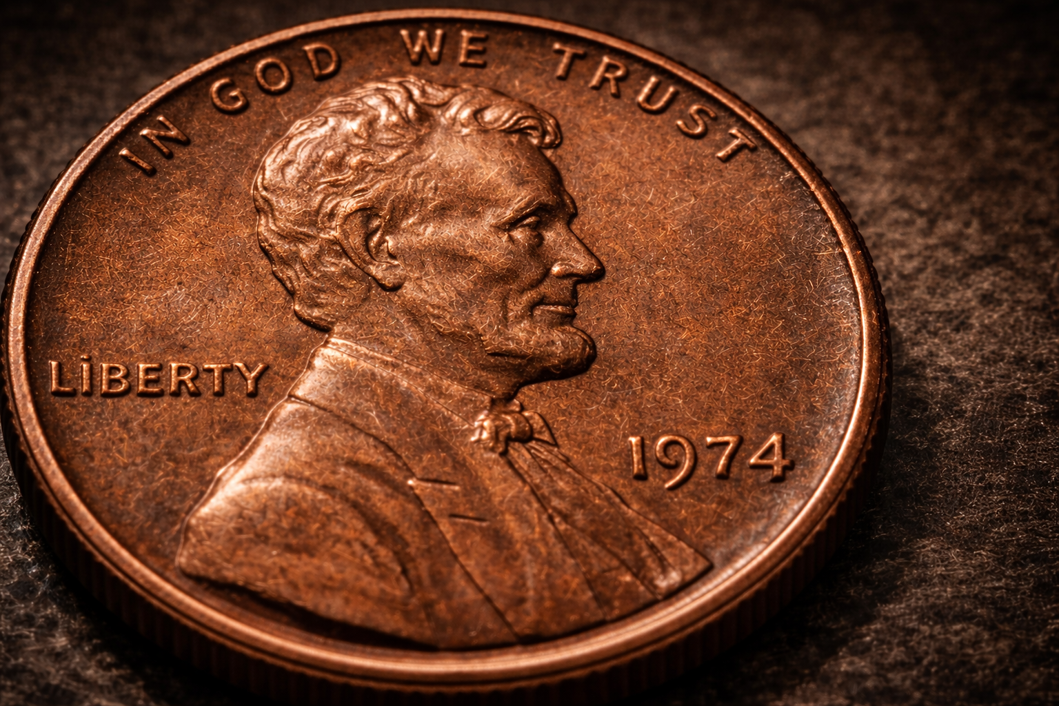 Close up of old copper penny showing detailed surface texture