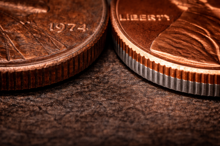 Close up of penny edge and surface showing age differences
