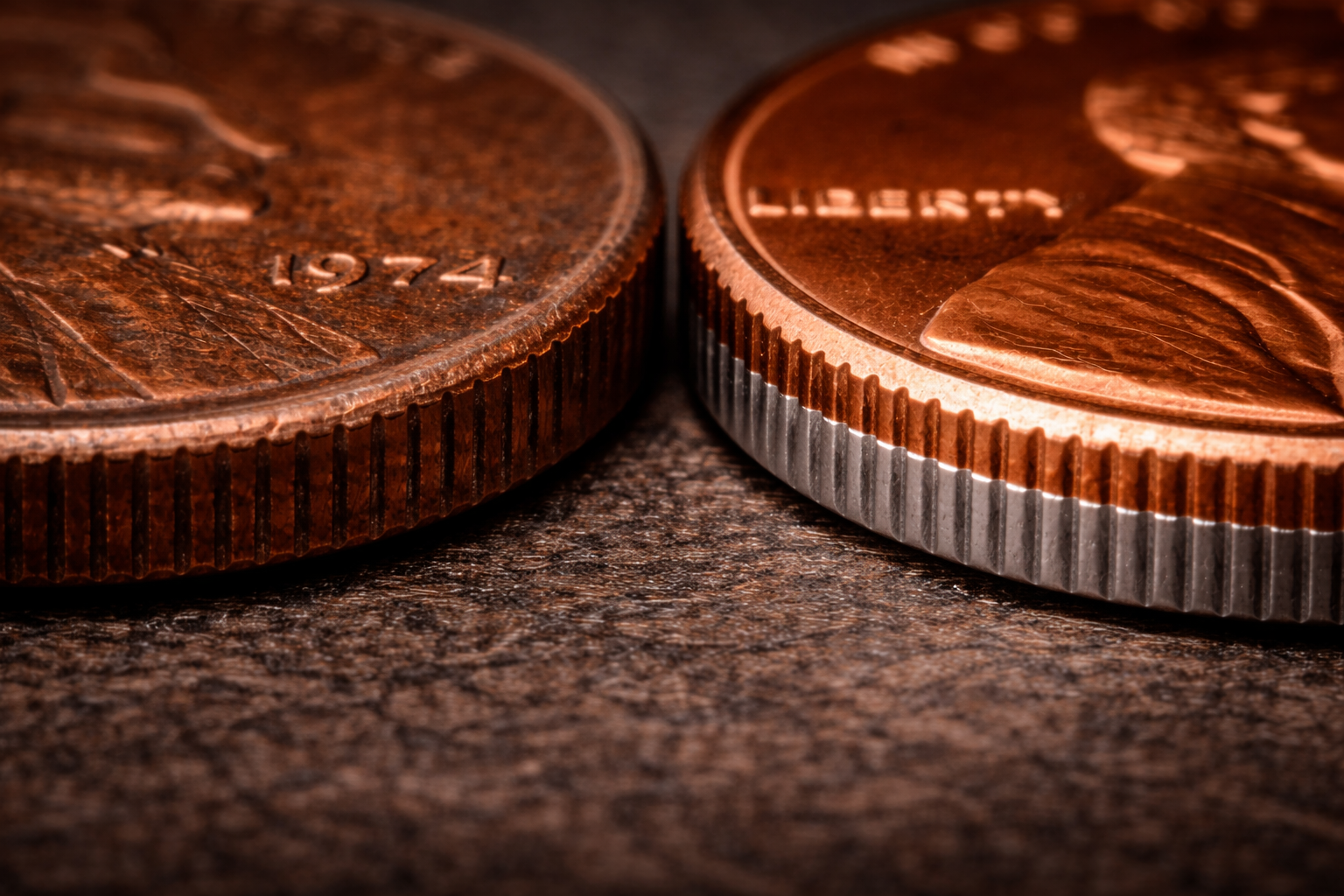 Close up of penny edge showing structural difference