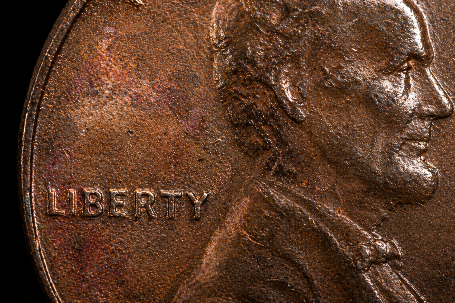 Close up of penny showing uneven color and texture