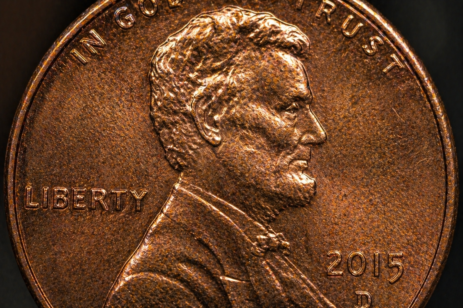 Close up of penny under magnification showing detailed engraving