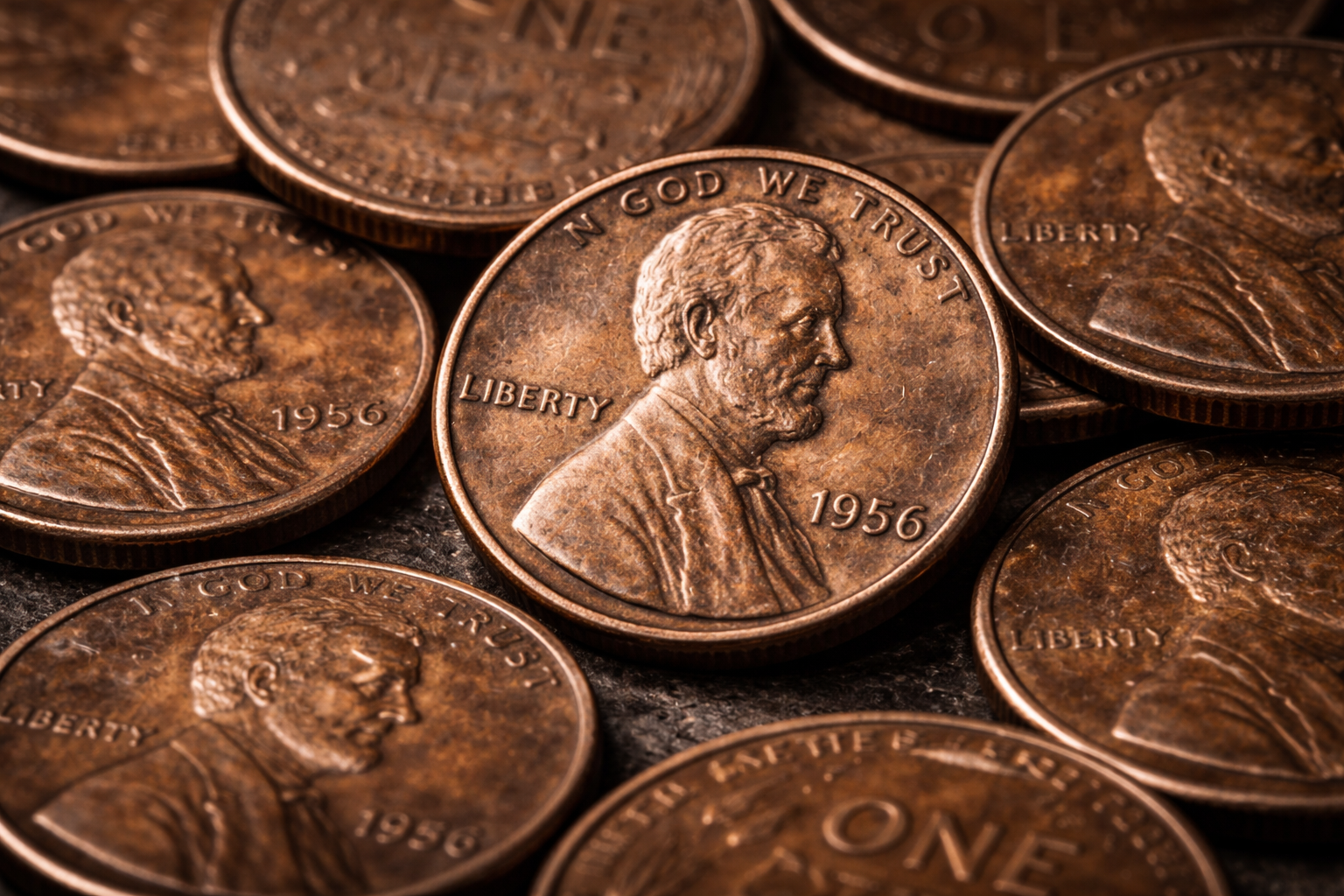 Close up of worn U.S. pennies showing detailed surface texture