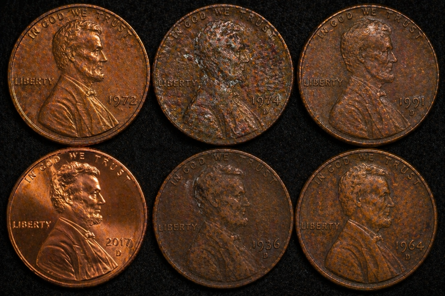 Comparison of pennies showing different textures and surface conditions