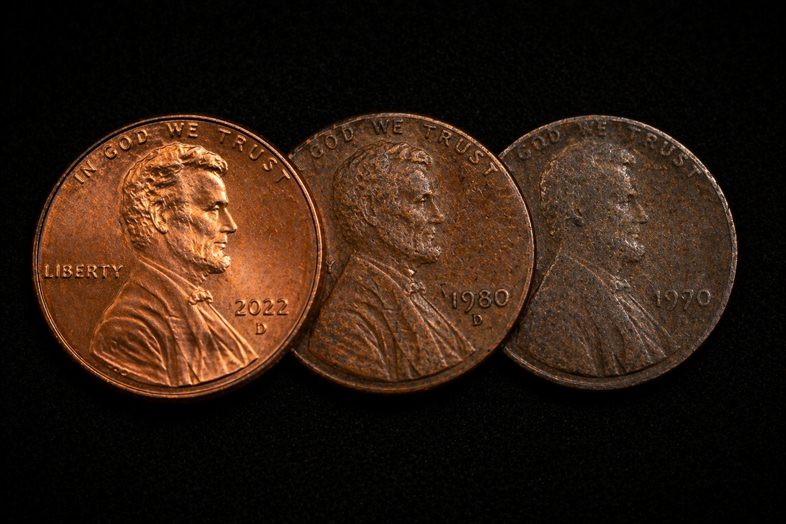 Comparison of pennies showing different wear levels and surface smoothness
