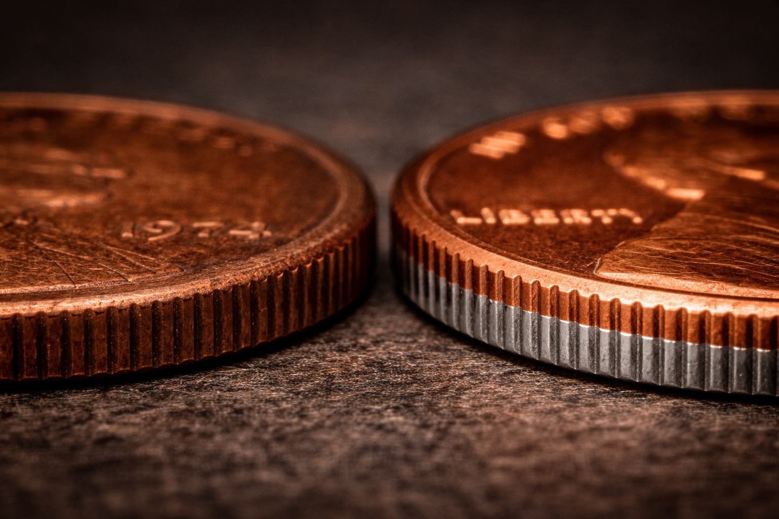 Comparison of penny edges showing copper and zinc structure