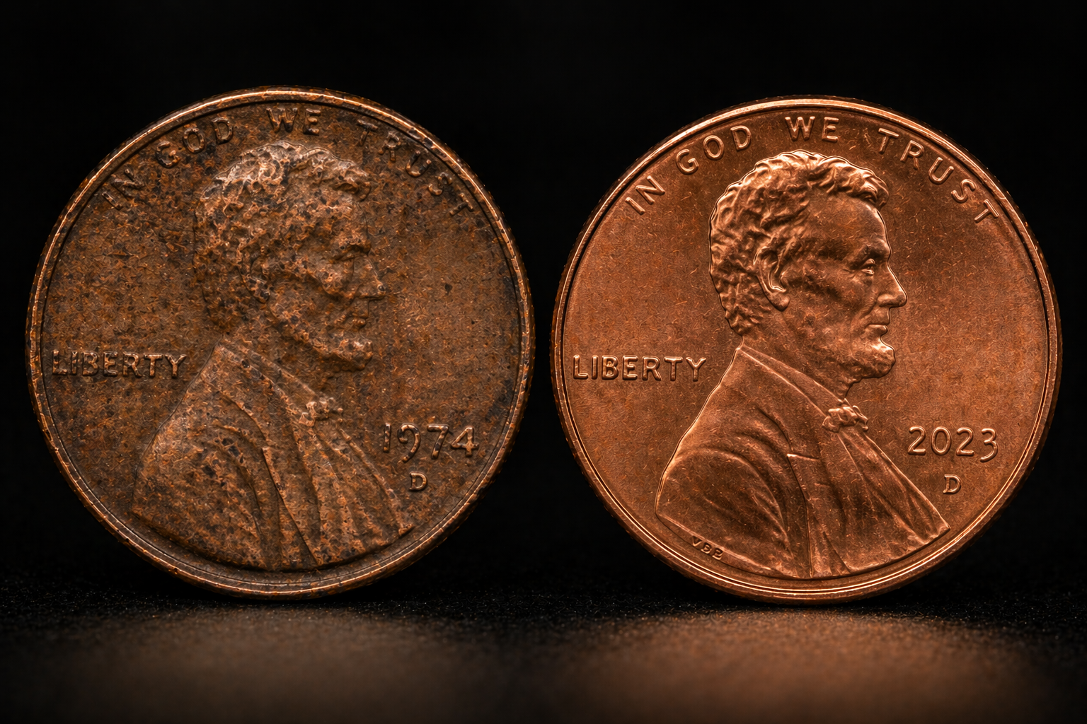 Comparison of worn and sharp pennies showing difference in detail clarity