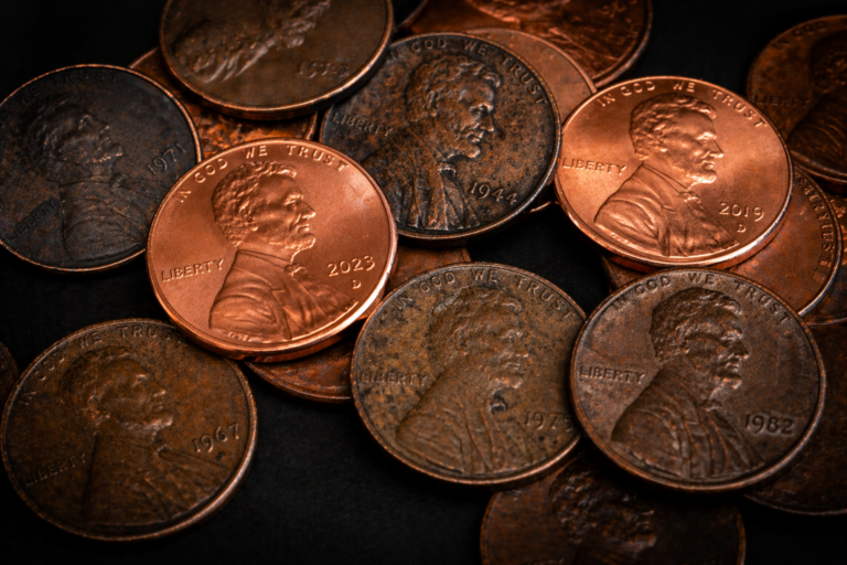 Multiple U.S. pennies showing different wear levels and surface detail
