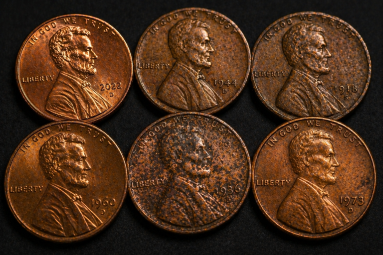 Multiple pennies showing differences in detail clarity and wear