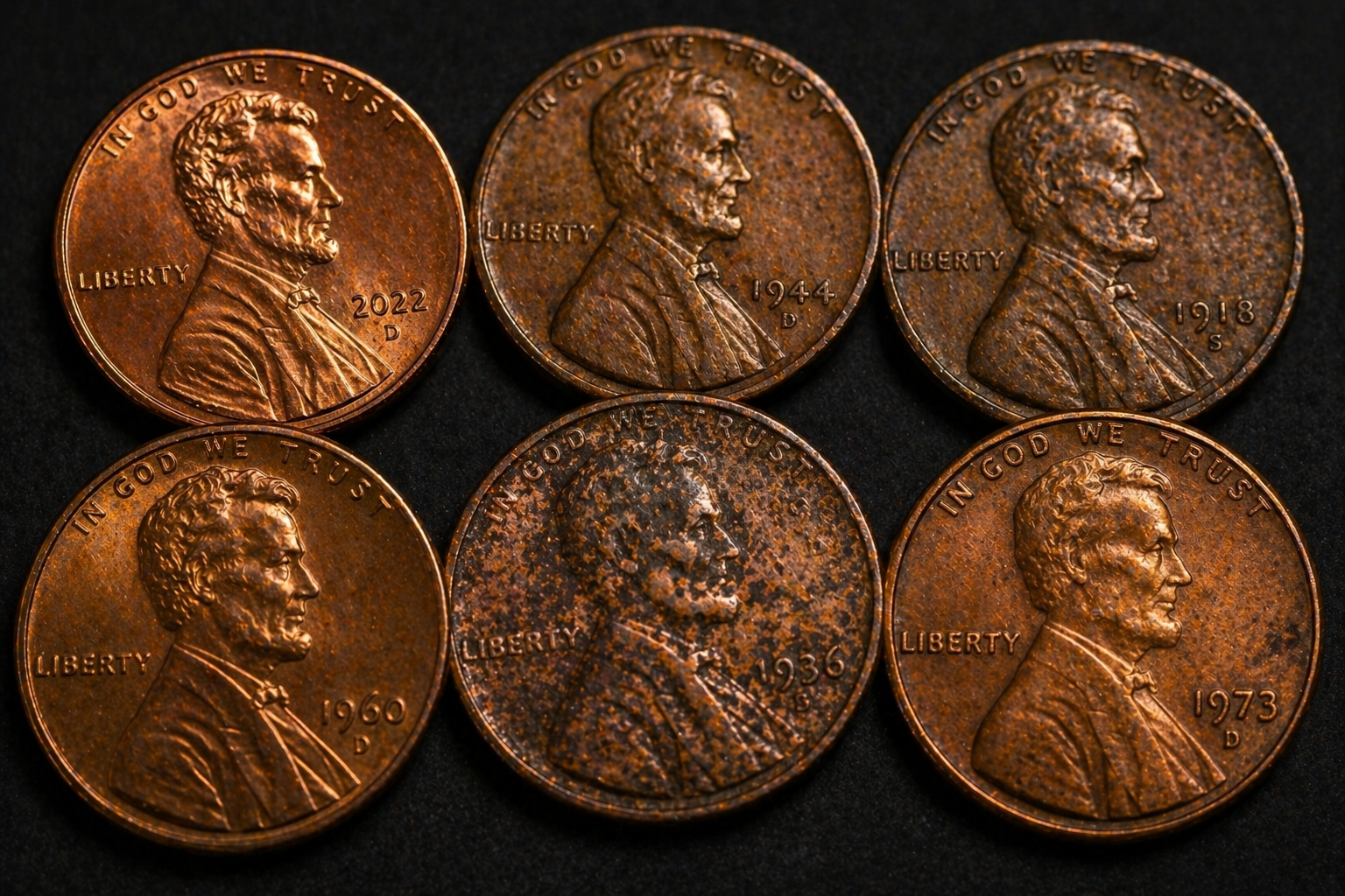 Multiple pennies showing differences in detail clarity and wear