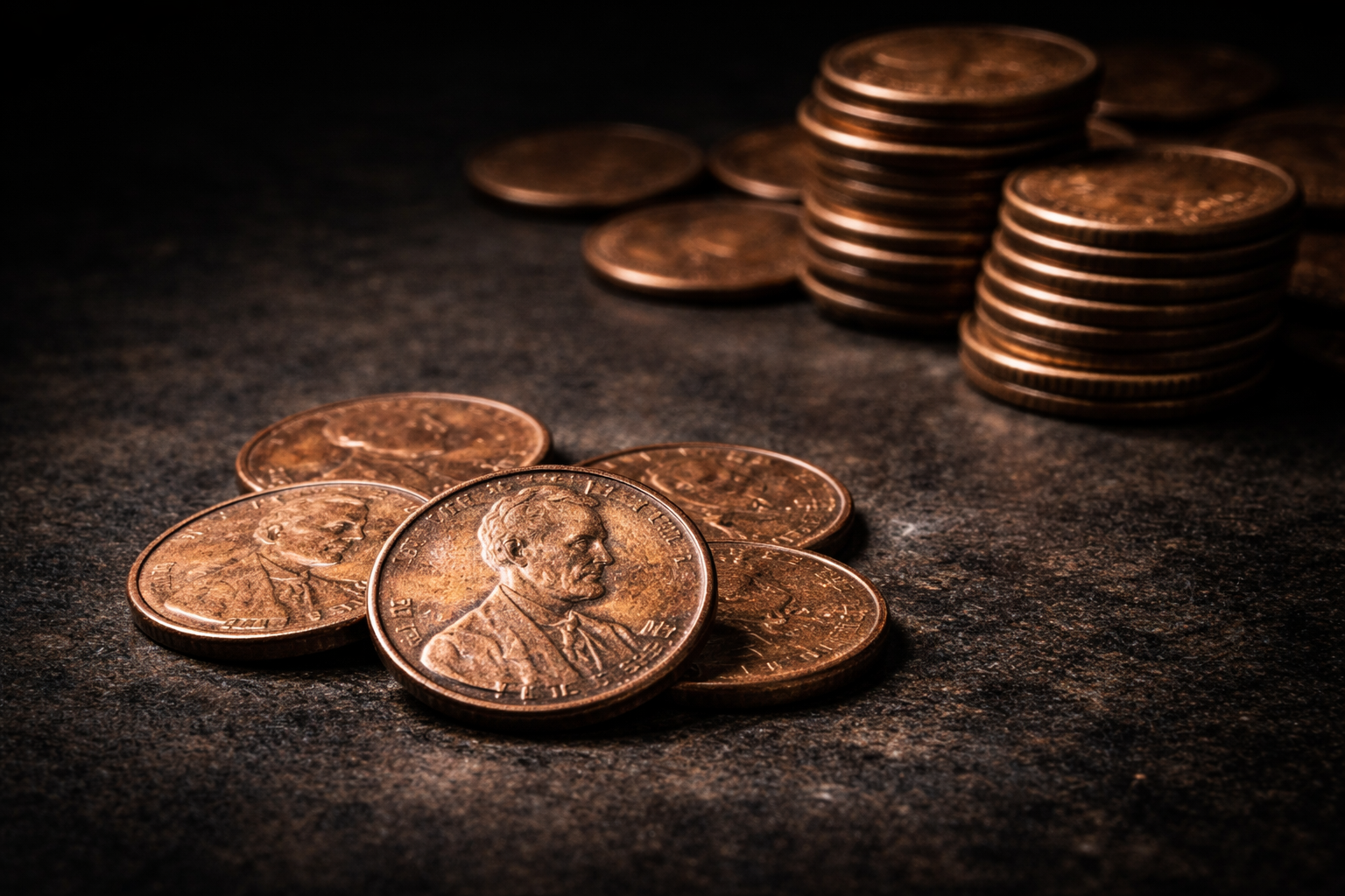 U.S. pennies separated from a larger group symbolizing decline