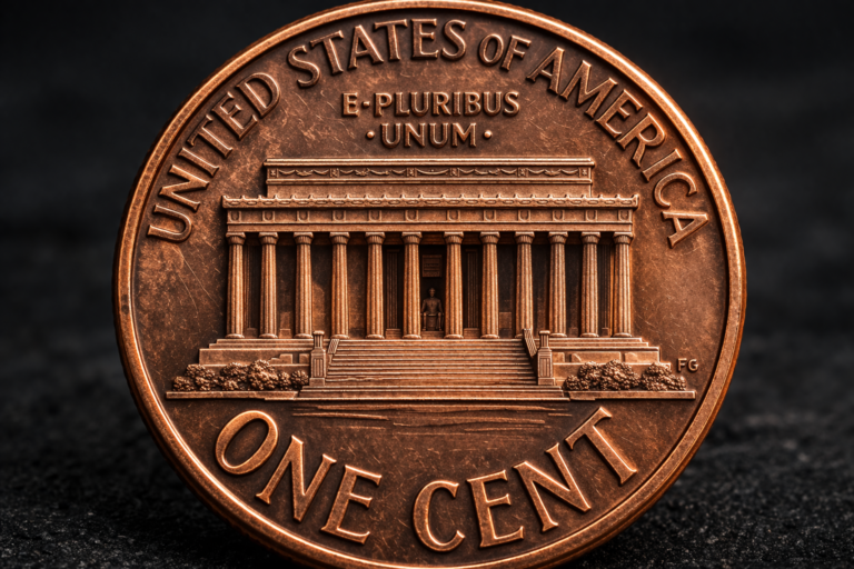 Close up of Lincoln Memorial on U.S. penny showing detailed structure