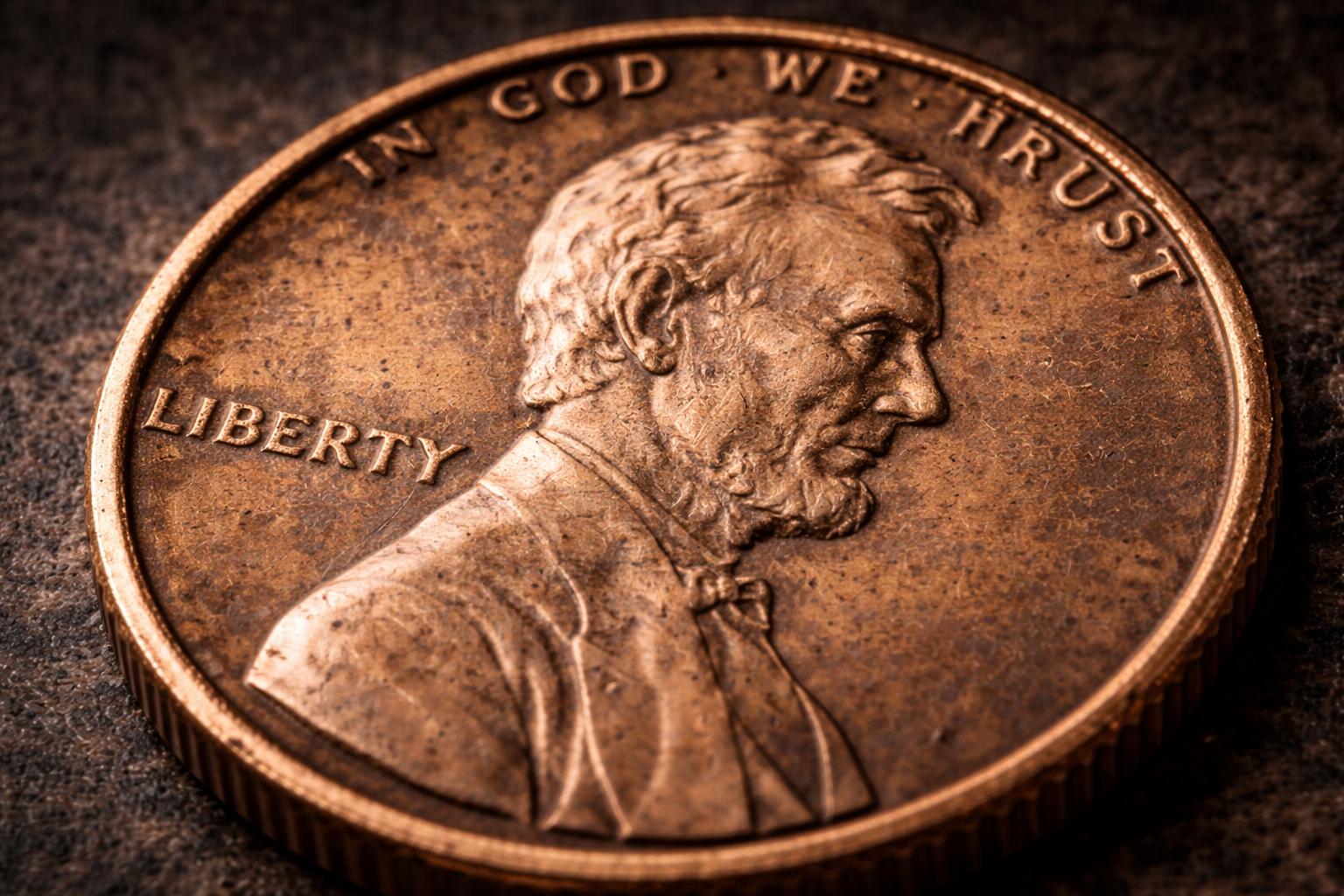 Close up of Lincoln penny showing detailed portrait engraving