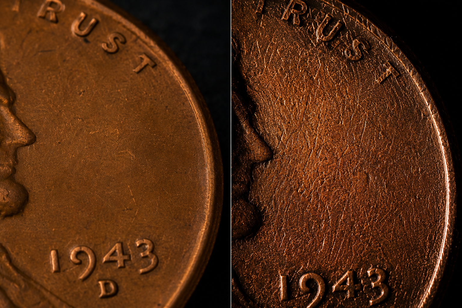 Close up of penny surface revealing texture under changing light angle