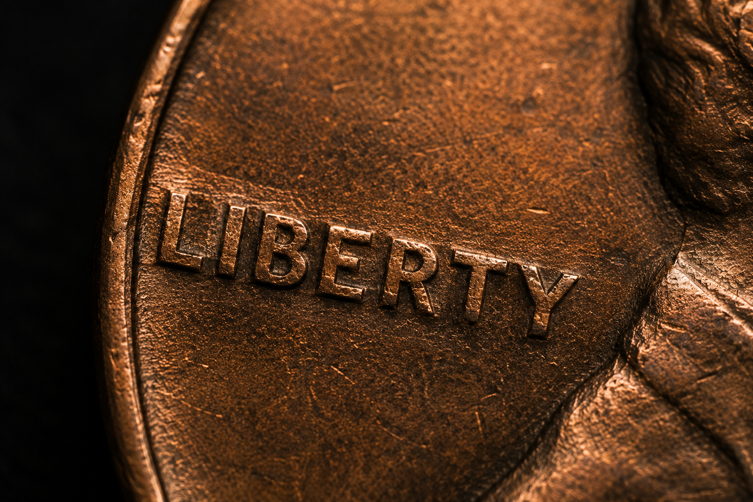 Close up of penny surface under side lighting showing raised and recessed details