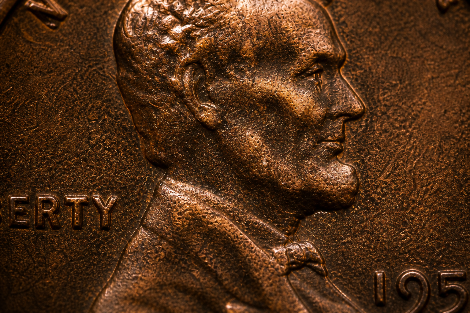 Close up showing worn and preserved areas on penny surface
