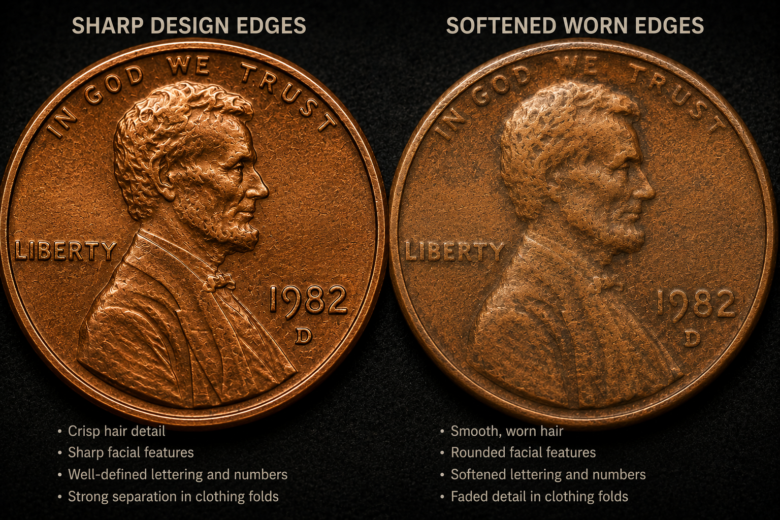 Close up showing worn high points and preserved engraved areas on penny