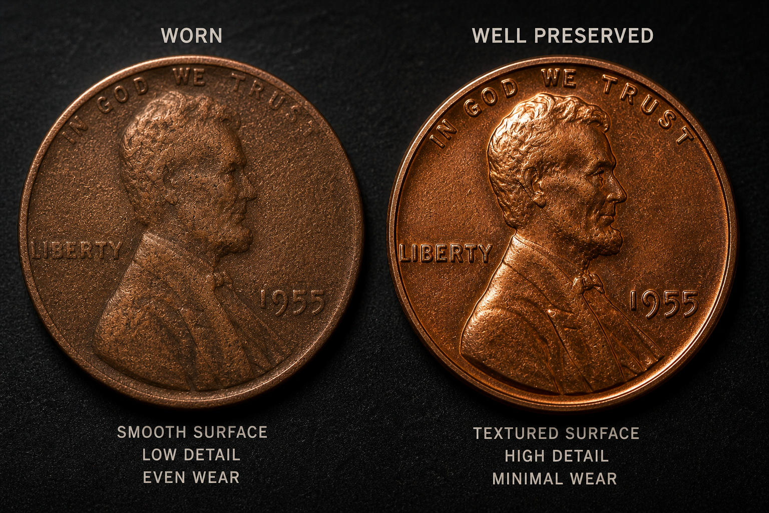 Comparison of pennies showing different surface conditions