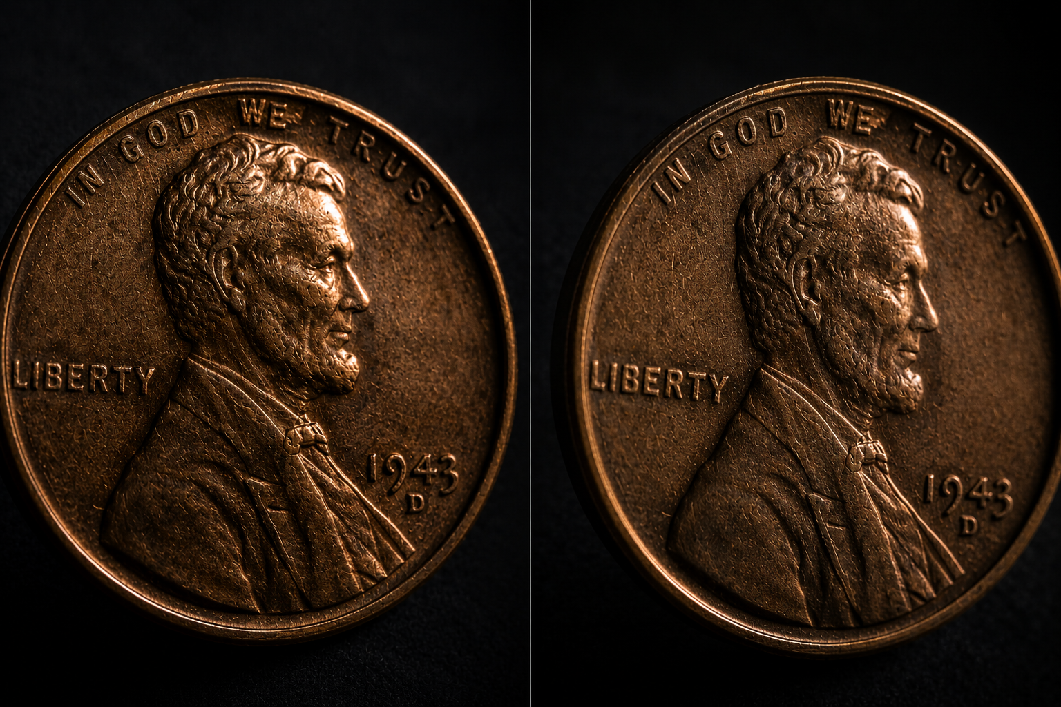 Comparison of penny rotated under light showing different visible details