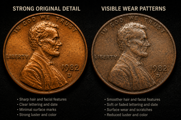 Comparison of penny showing original detail and worn surface