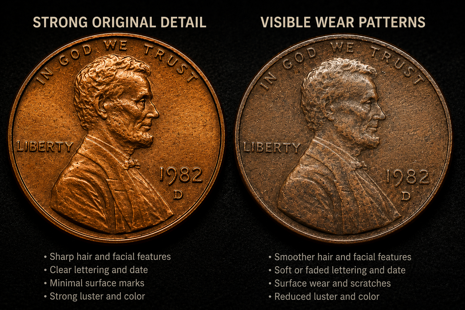 Comparison of penny showing original detail and worn surface