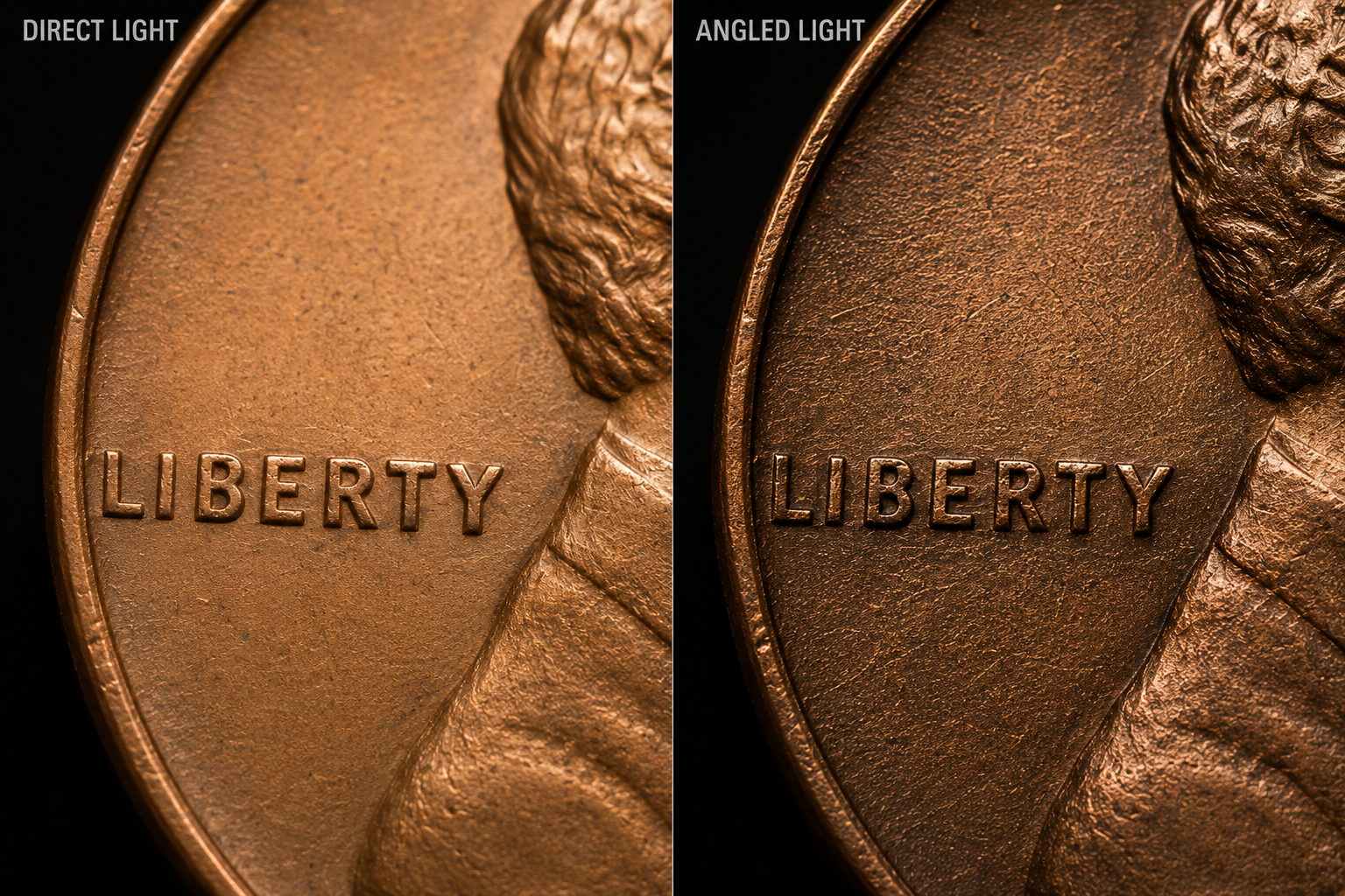 Comparison of penny under direct and angled lighting showing different visible details