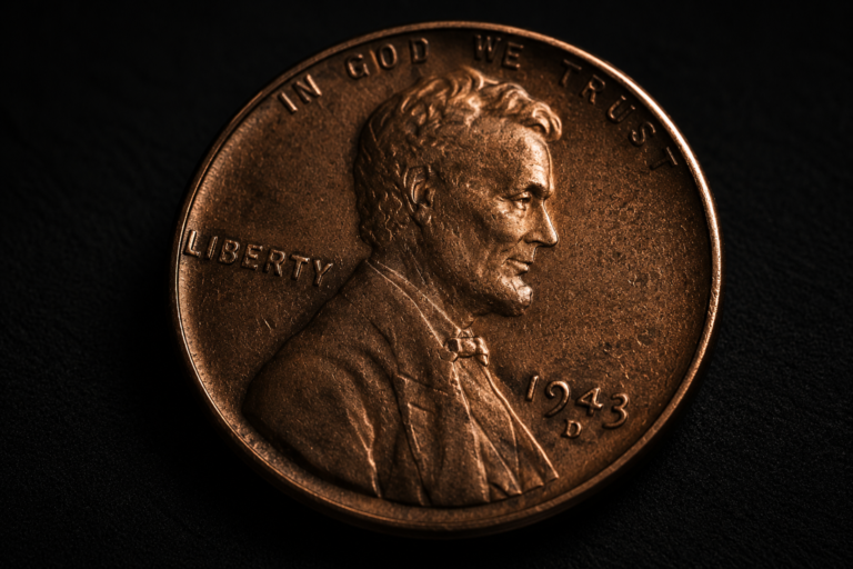 Penny under angled light showing detailed surface texture and shadows