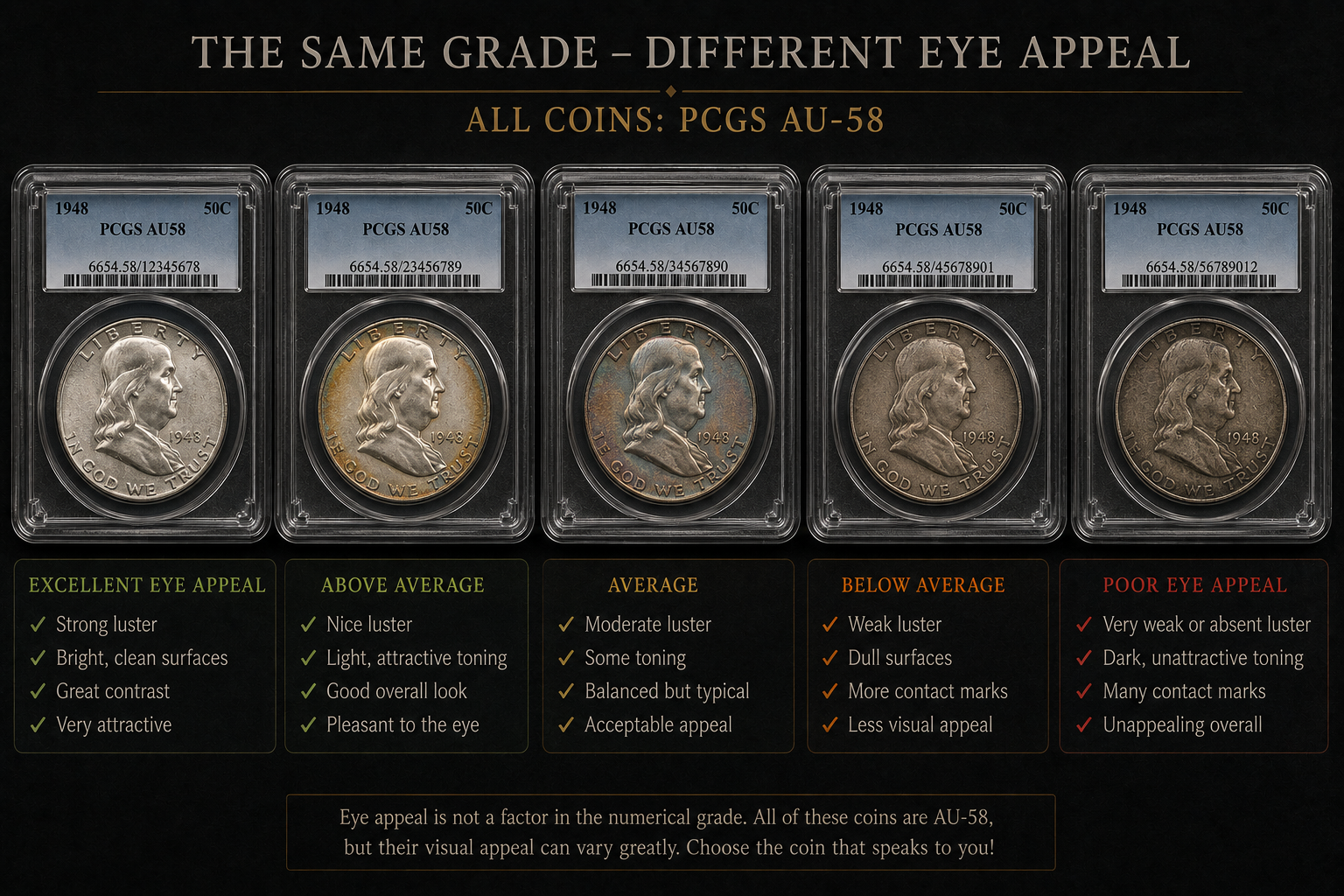 Certified American coins with the same grade displaying different eye appeal and luster