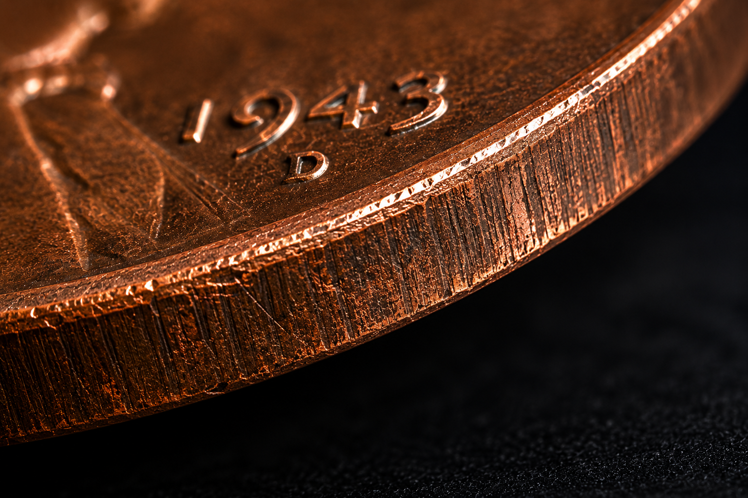 Close up of penny edge showing wear patterns and rim detail